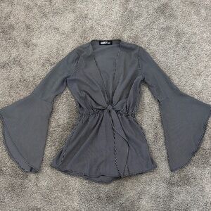 Audrey 3+1 Black and White Pinstripe Tie-Front Bell Sleeve Romper